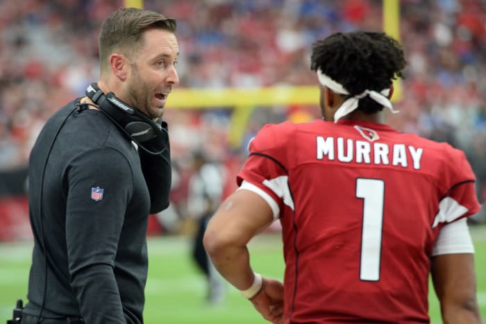 Arizona Cardinals head coach Kliff Kingsbury gives directions to rookie quarterback, Kyler Murray (1), in a 2019 game against the Lions. A former quarterback, Kingsbury has been entrusted to develop Murray into a star.
